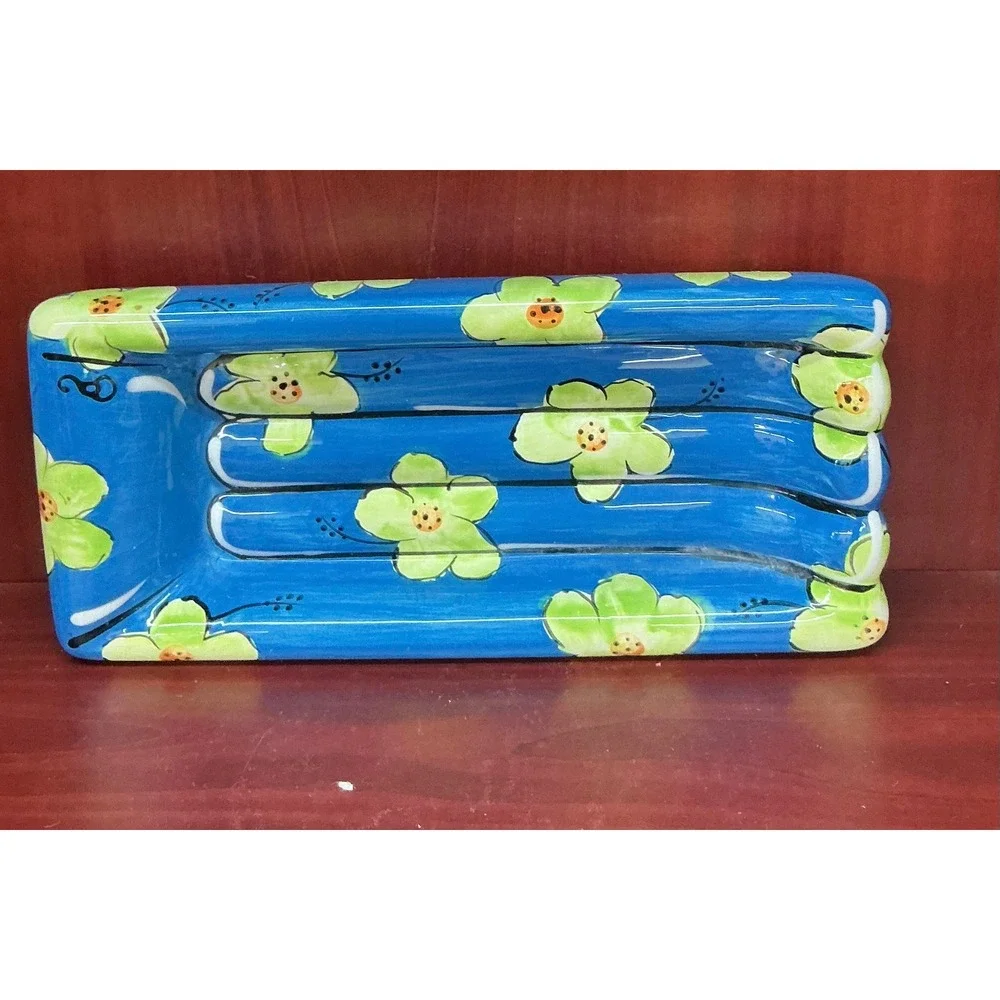 C.A. Hand Painted Ceramic Dish Set of 4 Floral Raised Ridge Trays Multi Color